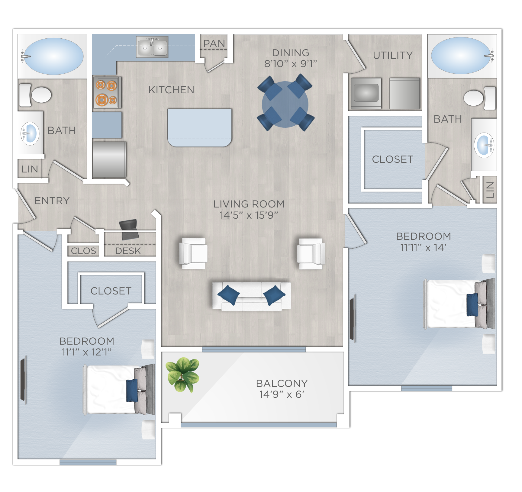 Floor plan for 2 beds, 2 baths, 1117 sqft